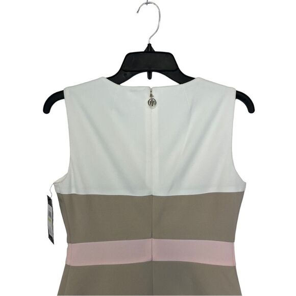 NWT TOMMY HILFIGER | Pink Beige Striped Scuba Sheath Dress 10 - Picture 6 of 11